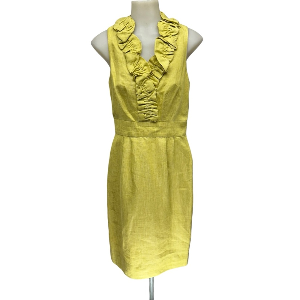 TAYLOR Dress Sz 4 Yellow Linen Ruffle Detail Lined Side Zip sleeveless S…